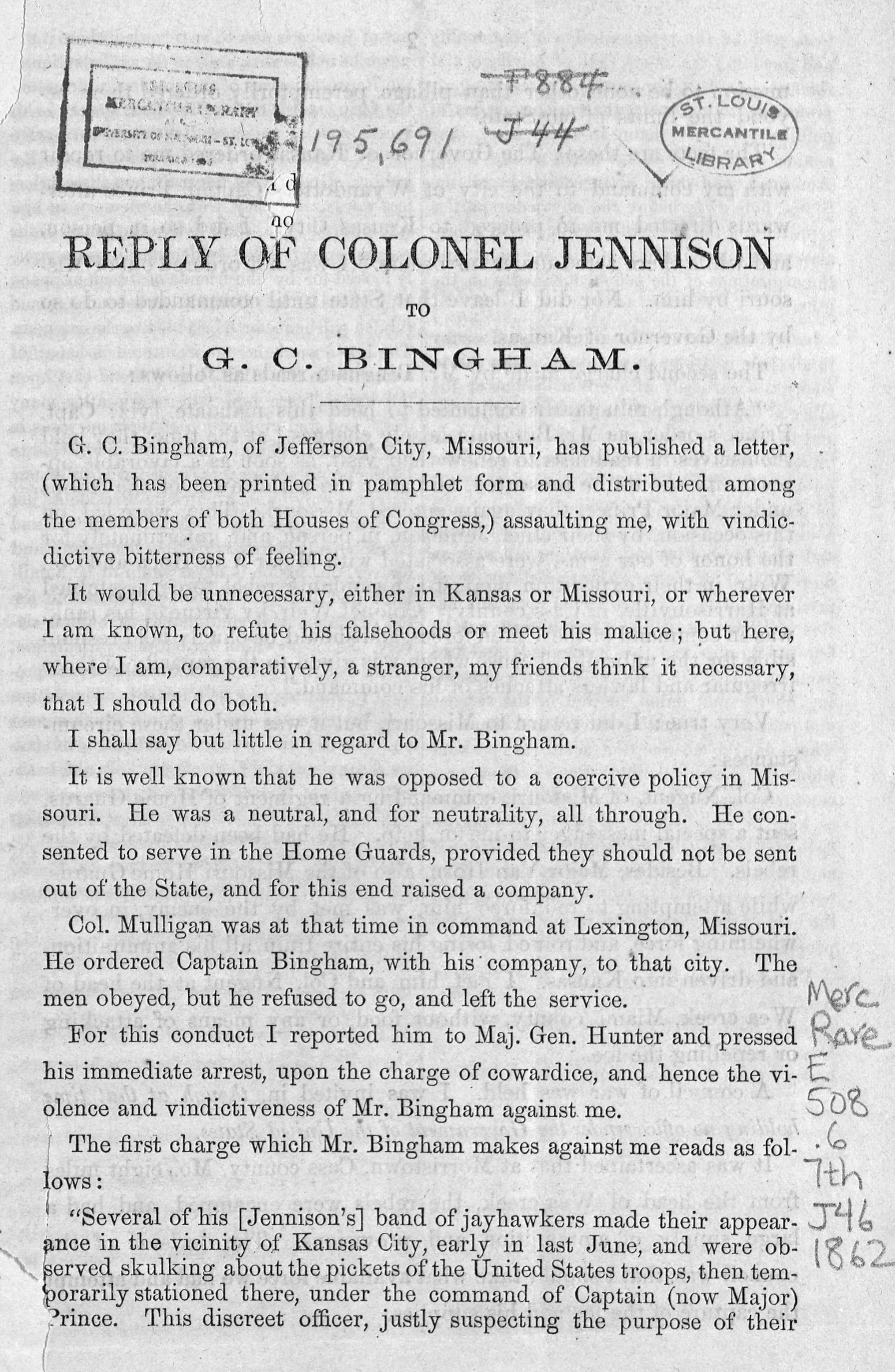 Reply of Colonel Jennison to G.C. Bingham