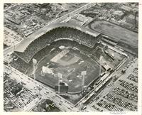 Aerial shot of 1955 Kansas City Athletics opening day game against the Detroit Tigers