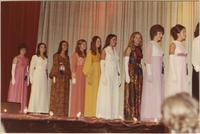 Rhonda Downs, Haroldine Massey, Jana Hupman, Diane MacKay, Carol Mabbott, Teresa Mohr, Joanne Cole, and Catherine Corum, during evening gown portion of the Miss Raytown 1971 pageant