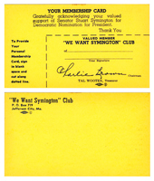 Stuart Symington "We Want Symington" Club Card