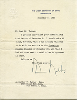 Letter to Alexander W. Warner from Under Secretary of State Sumner Welles