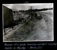 Remains of a grade crossing accident occurring earlier in the day. - Fresno, Cal.