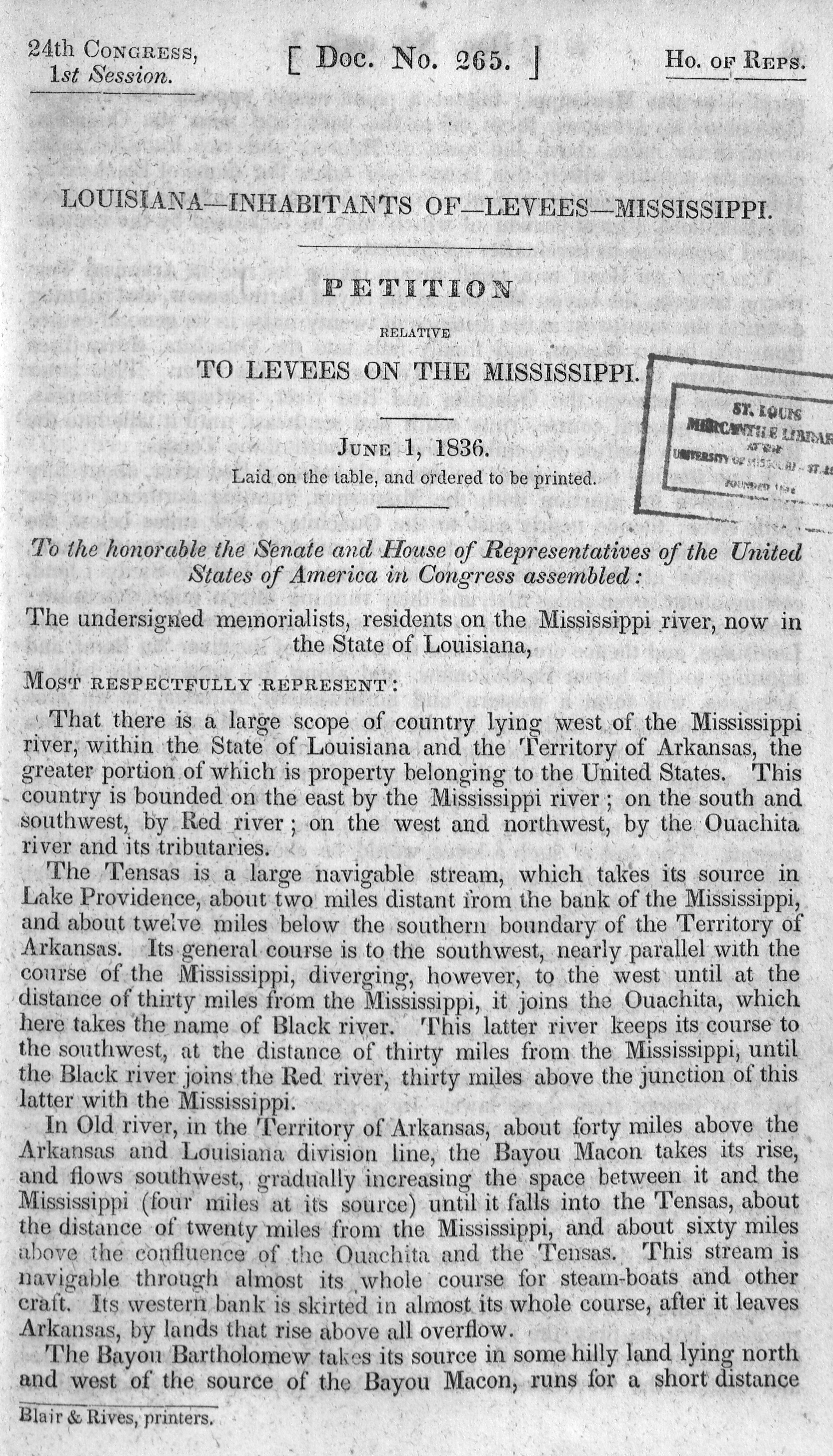 Louisiana - Inhabitants of - Levees - Mississippi. Petition Relative to Levees on the Mississippi.