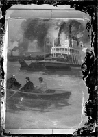 Photograph of a Painting of a Steamboat and Rowboat